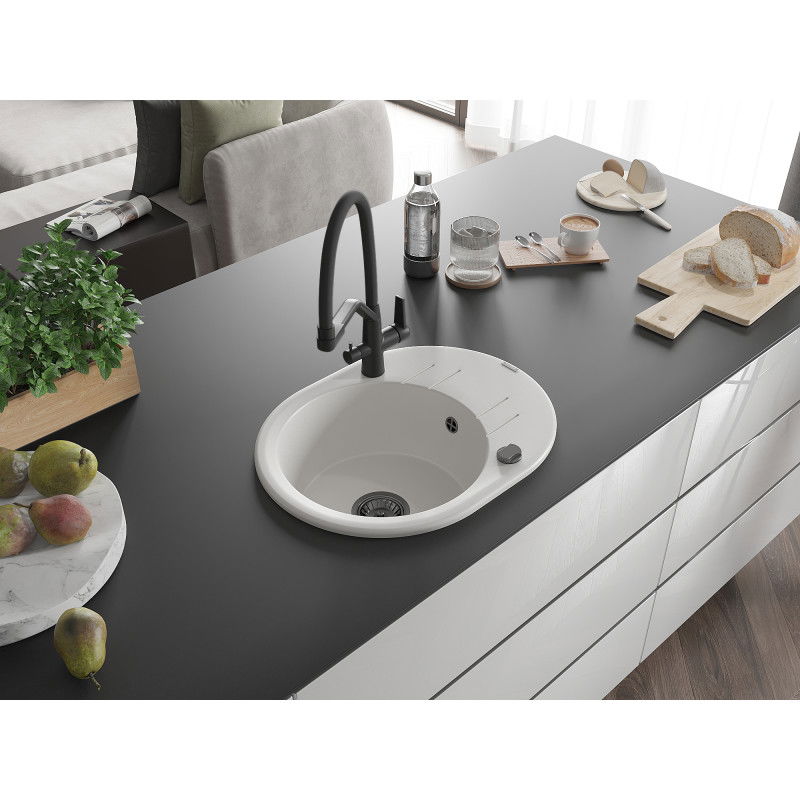 Mexen Kevin 1-medencés gránit mosogató konyhai csappal Duo, fehér - 6517-20-671701-70-B