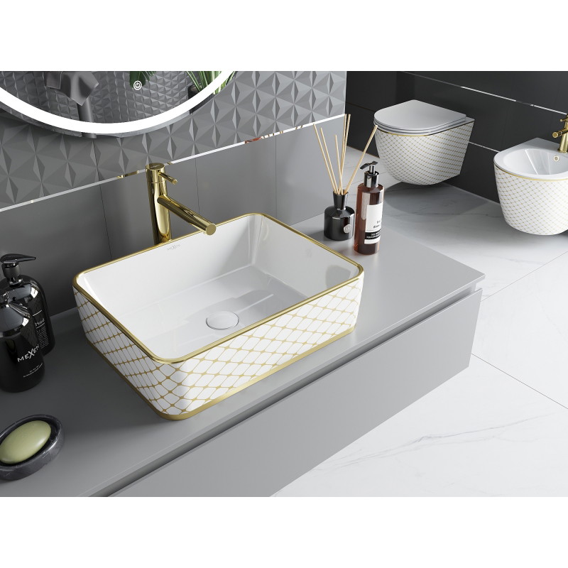 Mexen Catia chiuvetă montată pe blat 48 x 37 cm, albă/auriu model grilă - 21314809
