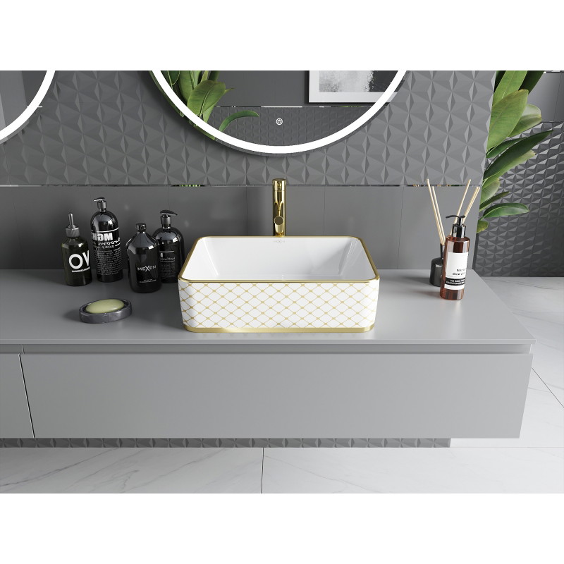 Mexen Catia chiuvetă de blat 48 x 37 cm, albă/aurie model carouri - 21314809