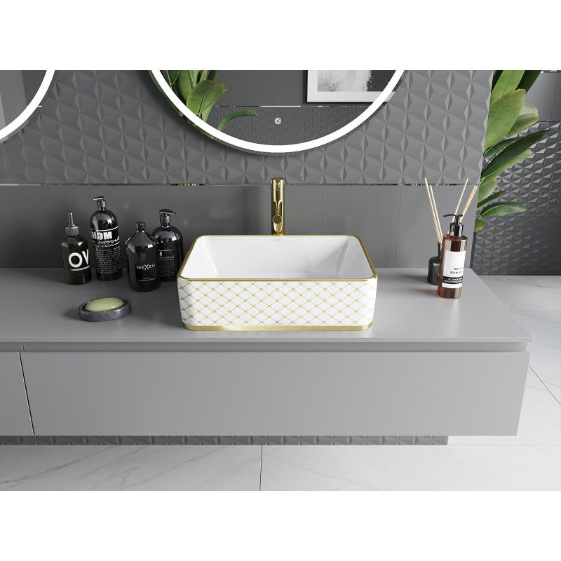 Mexen Catia lavoar de sine stătător 48 x 37 cm, alb/auriu model tablă de șah - 21314809