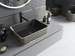 Mexen Catia chiuvetă pe blat 48 x 37 cm, Negru mat/aurie model tip carouri - 21314879