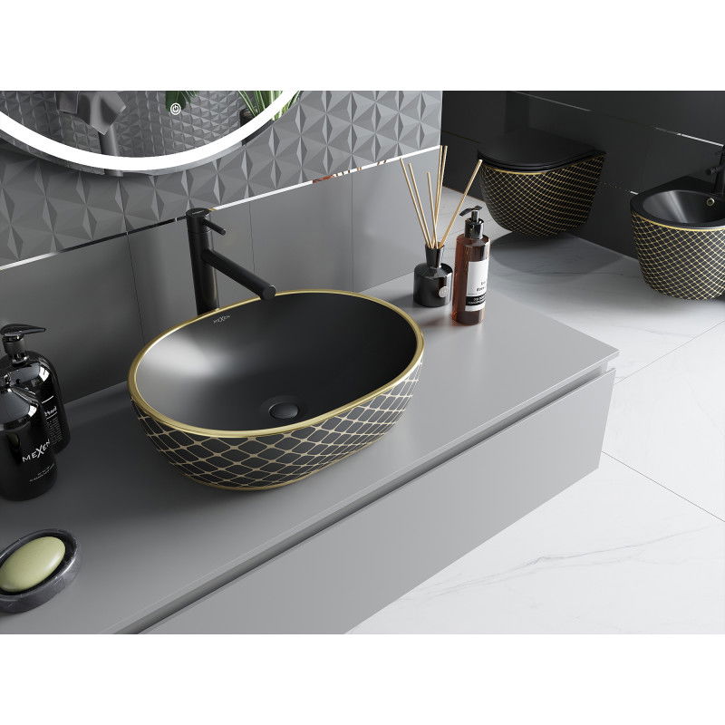 Mexen Viki chiuvetă de blat 48 x 35 cm, negru mat/model auriu cu carouri - 21054879