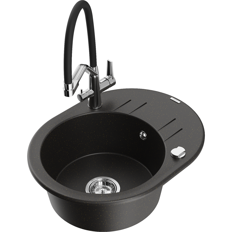 Chiuvetă granit Mexen Kevin 1-comparteiment cu baterie bucătărie Duo, negru/auriu metalizat - 6517-75-671701-07