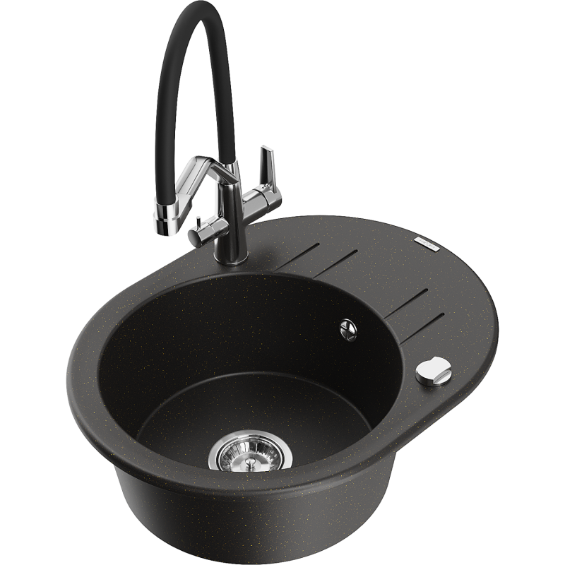 Mexen Kevin chiuvetă de granit cu o singură cuvă cu baterie de bucătărie Duo, negru/auriu metalic - 6517-75-671701-07