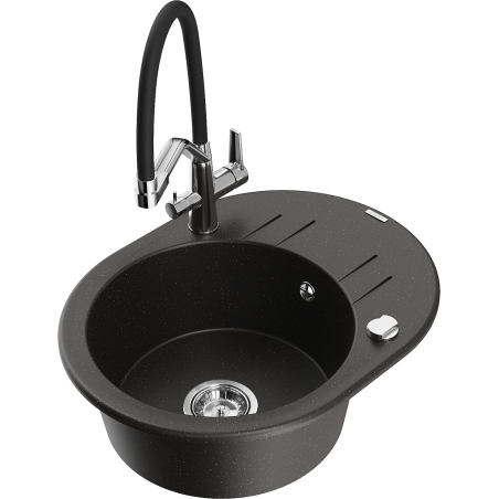 Chiuvetă granit Mexen Kevin 1-comparteiment cu baterie bucătărie Duo, negru/auriu metalizat - 6517-75-671701-07