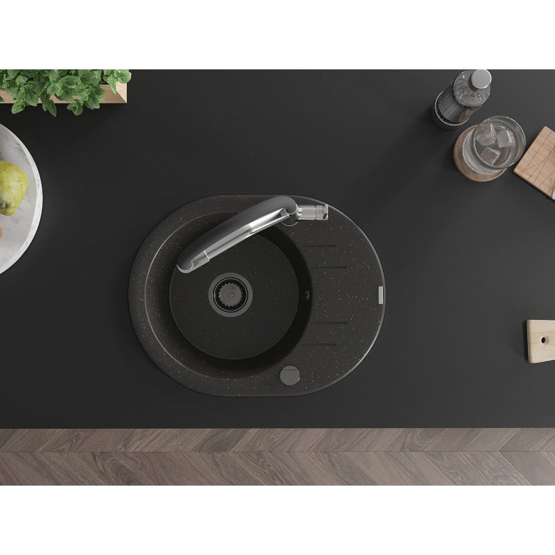 Mexen Kevin chiuvetă de granit cu o singură cuvă cu baterie de bucătărie Duo, negru/auriu metalic - 6517-75-671701-07-B