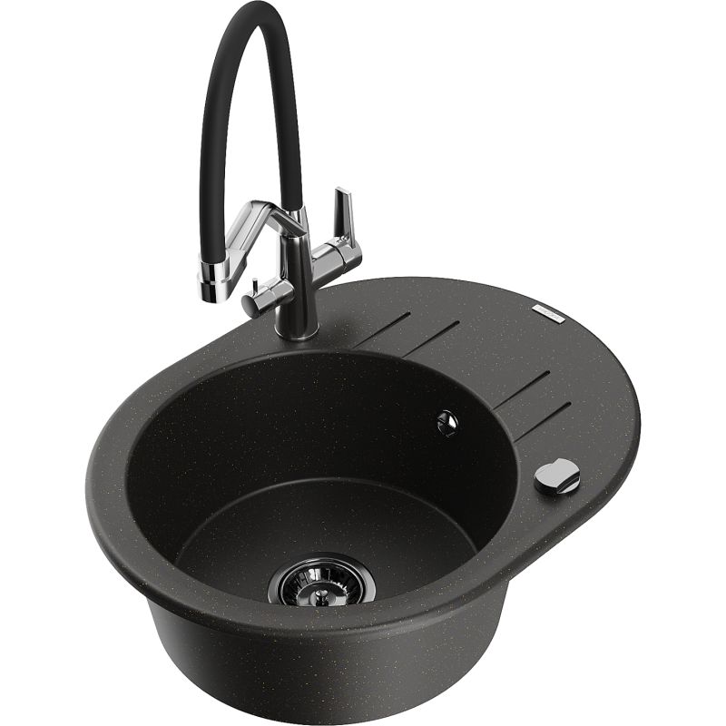 Mexen Kevin chiuvetă de granit cu o singură cuvă cu baterie de bucătărie Duo, negru/auriu metalic - 6517-75-671701-07-B