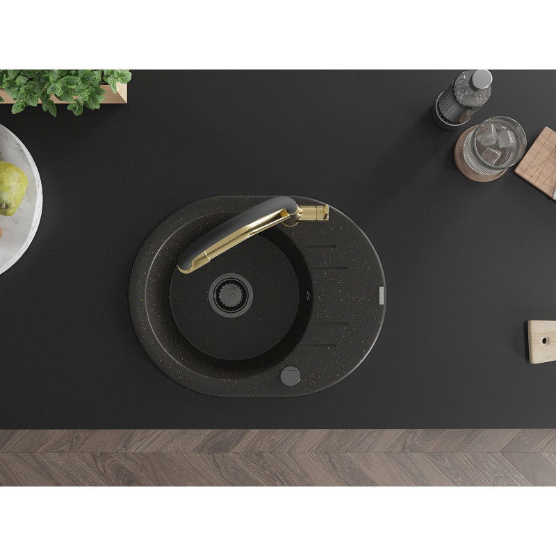 Mexen Kevin gránit mosogató 1-medencés konyhai csapteleppel Duo, fekete/arany metál - 6517-75-671701-57-B