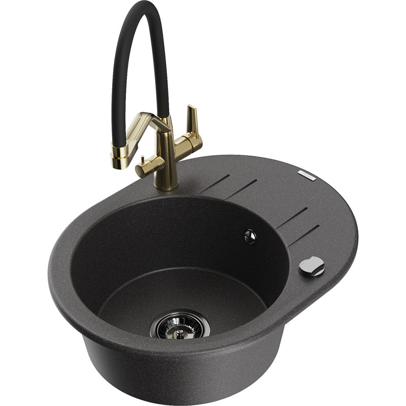 Mexen Kevin chiuvetă din granit cu 1 compartiment și baterie de bucătărie Duo, negru pătat - 6517-76-671701-57-B