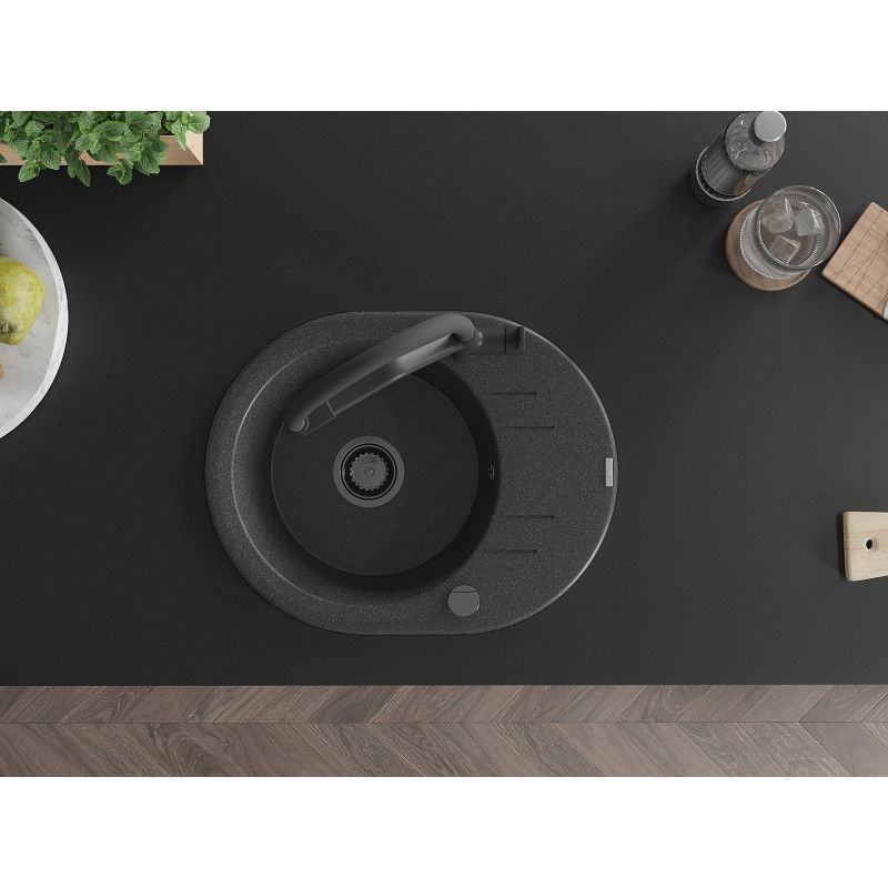 Mexen Kevin egymedencés gránit mosogató Duo konyhai csapteleppel, fekete pöttyös - 6517-76-671701-70-B