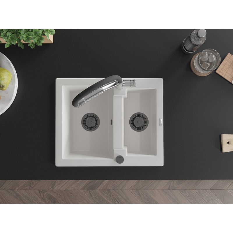 Mexen Carlos 1,5-medencés gránit mosogató Duo konyhai csappal, fehér - 6518-20-671701-07-B