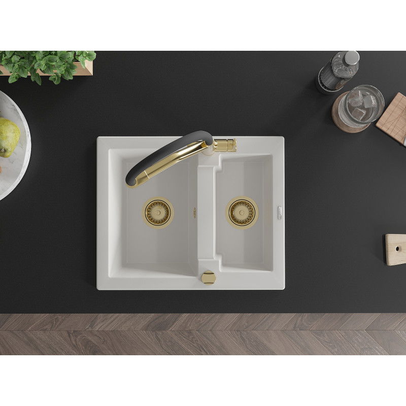 Mexen Carlos chiuvetă de granit cu 1,5 compartimente și baterie de bucătărie Duo, alb - 6518-20-671701-57-G