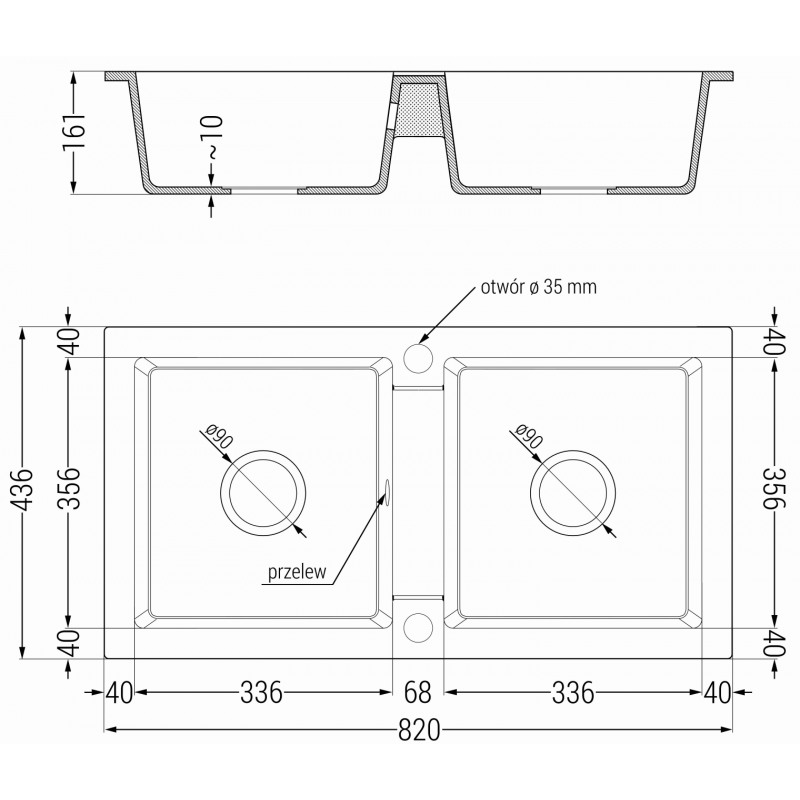 Mexen Mario gránit mosogató 2-medencés 820 x 436 mm, szürke, króm szifon - 6504822000-71