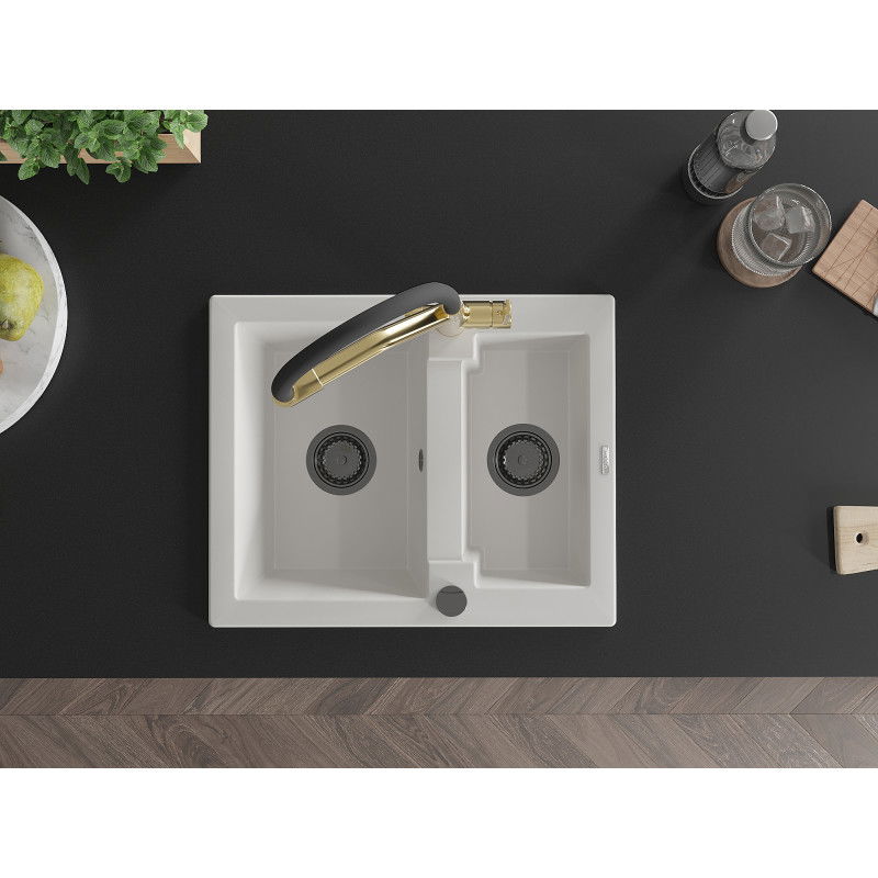 Mexen Carlos chiuvetă de granit cu 1,5 cuve cu baterie de bucătărie Duo, alb - 6518-20-671701-57-B