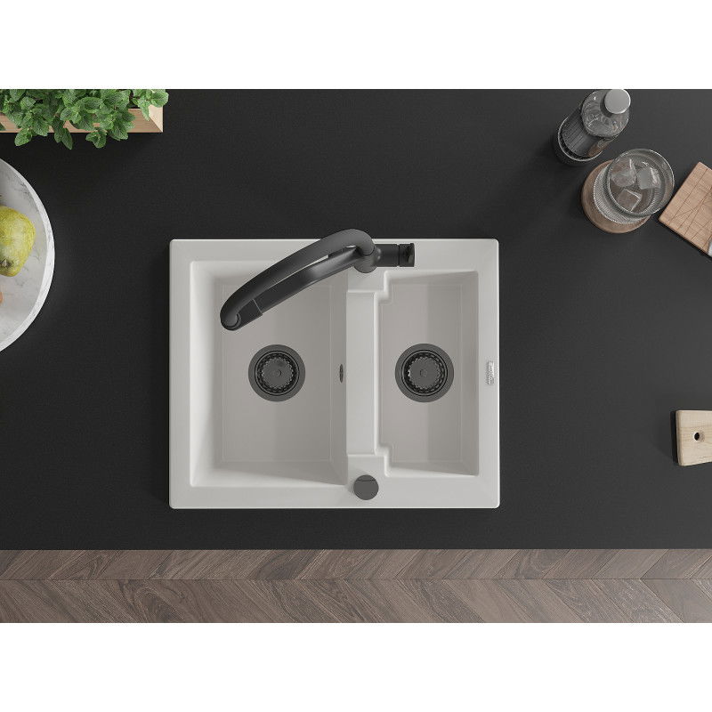 Mexen Carlos gránit mosogatótálca 1,5 rekeszes konyhai csapteleppel Duo, fehér - 6518-20-671701-70-B