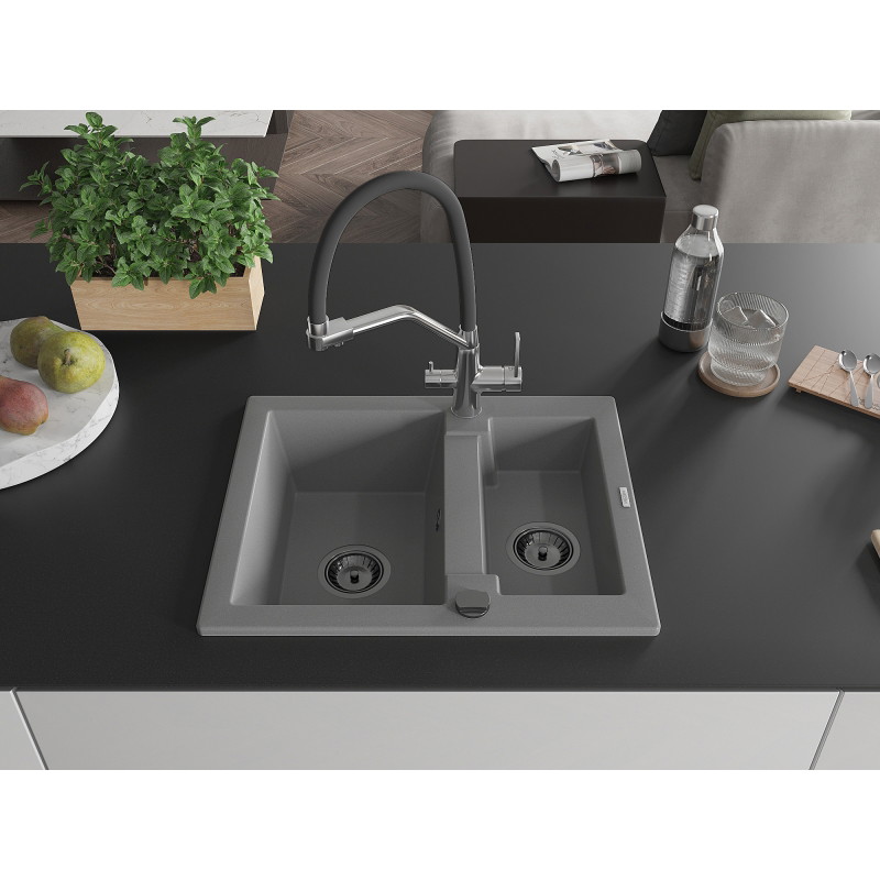 Mexen Carlos chiuvetă din granit cu 1,5 compartiment, cu baterie bucătărie Duo, gri - 6518-71-671701-07-B