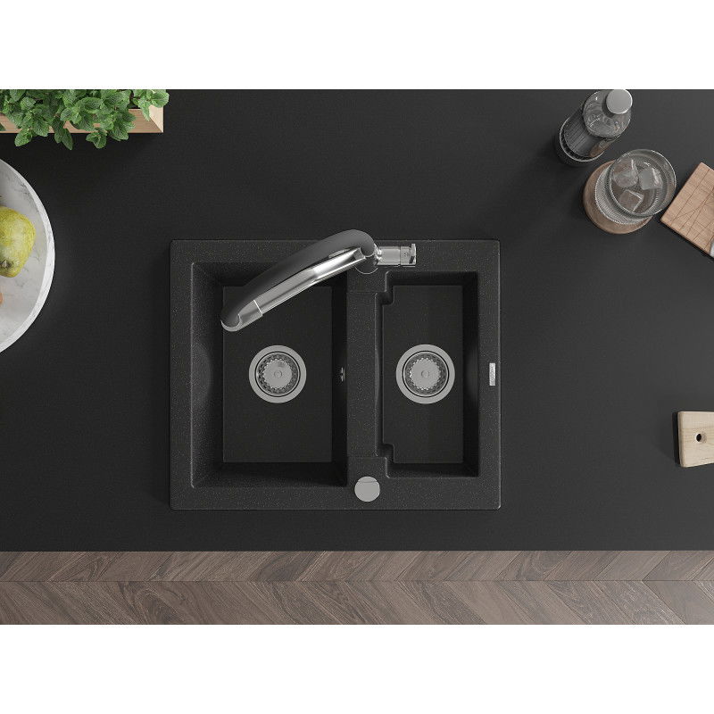 Mexen Carlos chiuvetă de granit 1,5 compartimente cu baterie de bucătărie Duo, negru/metal argintiu - 6518-73-671701-07