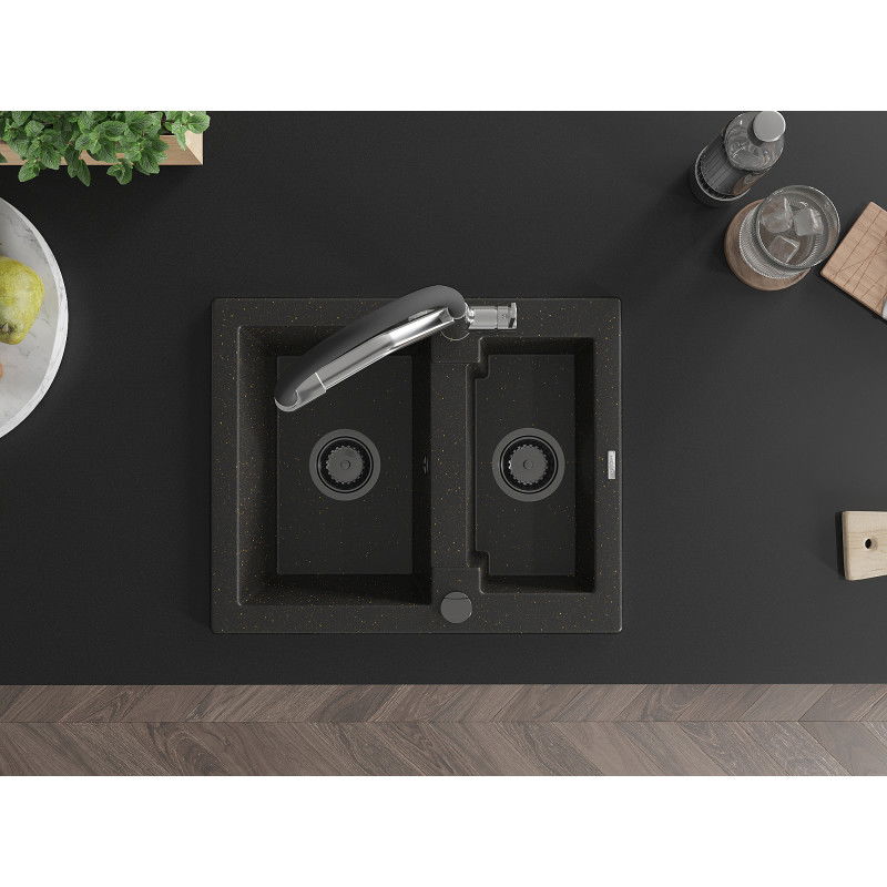 Mexen Carlos 1,5 rekeszes gránit mosogató Duo konyhai csappal, fekete/arany metál - 6518-75-671701-07-B