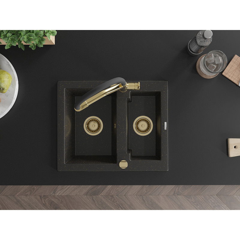 Mexen Carlos chiuvetă de granit 1,5 camere cu baterie de bucătărie Duo, negru/auriu metalic - 6518-75-671701-57-G
