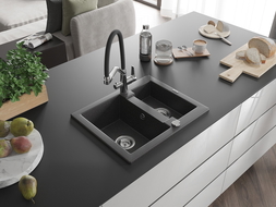 Chiuvetă din granit Mexen Carlos cu 1,5 cuve și baterie de bucătărie Duo, negru pătat - 6518-76-671701-07