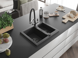 Mexen Carlos chiuvetă granit 1,5-camere cu baterie de bucătărie Duo, negru vărgat - 6518-76-671701-07-B