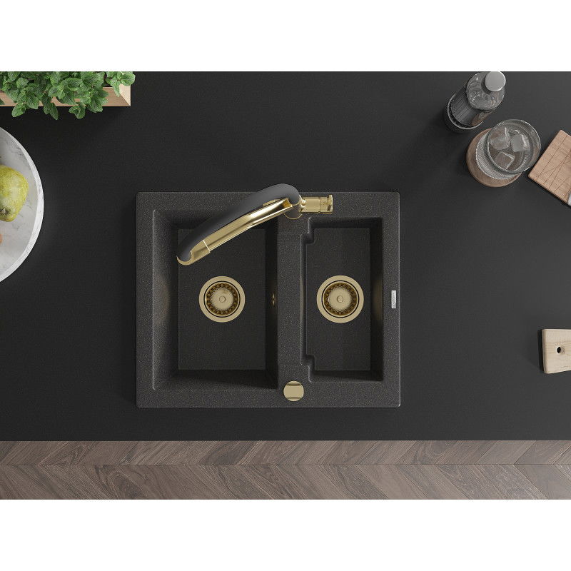 Mexen Carlos chiuvetă din granit cu 1,5 compartimente cu baterie de bucătărie Duo, negru pătat - 6518-76-671701-57-G
