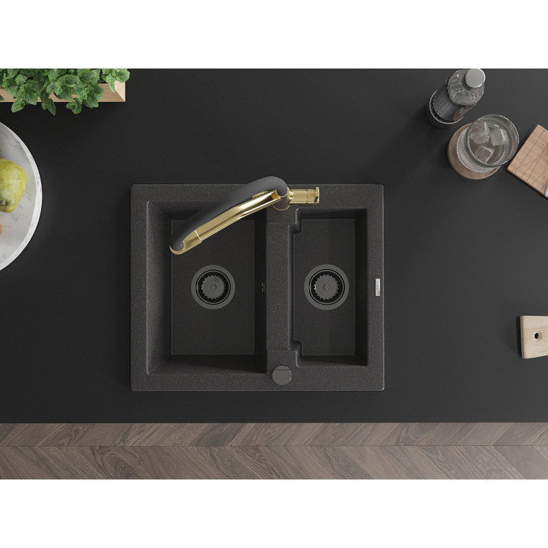Mexen Carlos 1,5 kamrás gránit mosogatótálca Duo konyhai csappal, fekete pöttyös - 6518-76-671701-57-B