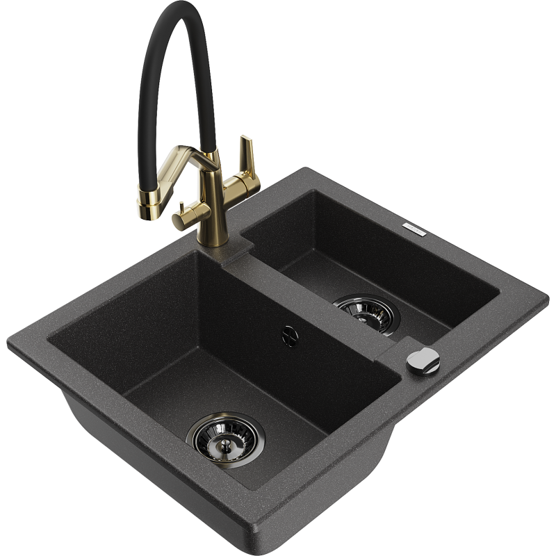 Mexen Carlos chiuvetă de granit cu 1,5 compartimente și baterie de bucătărie Duo, negru cu pete - 6518-76-671701-57-B