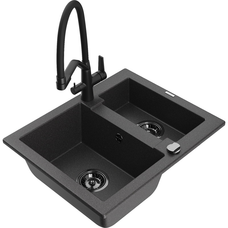 Mexen Carlos chiuvetă de bucătărie granit 1,5 compartiment Duo cu baterie, negru cu pete - 6518-76-671701-70-B