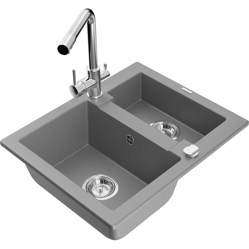Mexen Carlos chiuvetă de granit cu 1,5 compartimente cu baterie de bucătărie Duero, gri - 6518-71-671600-00