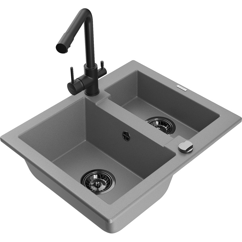 Mexen Carlos chiuvetă de granit cu 1,5 cuve și baterie bucătărie Duero, gri - 6518-71-671600-70-B