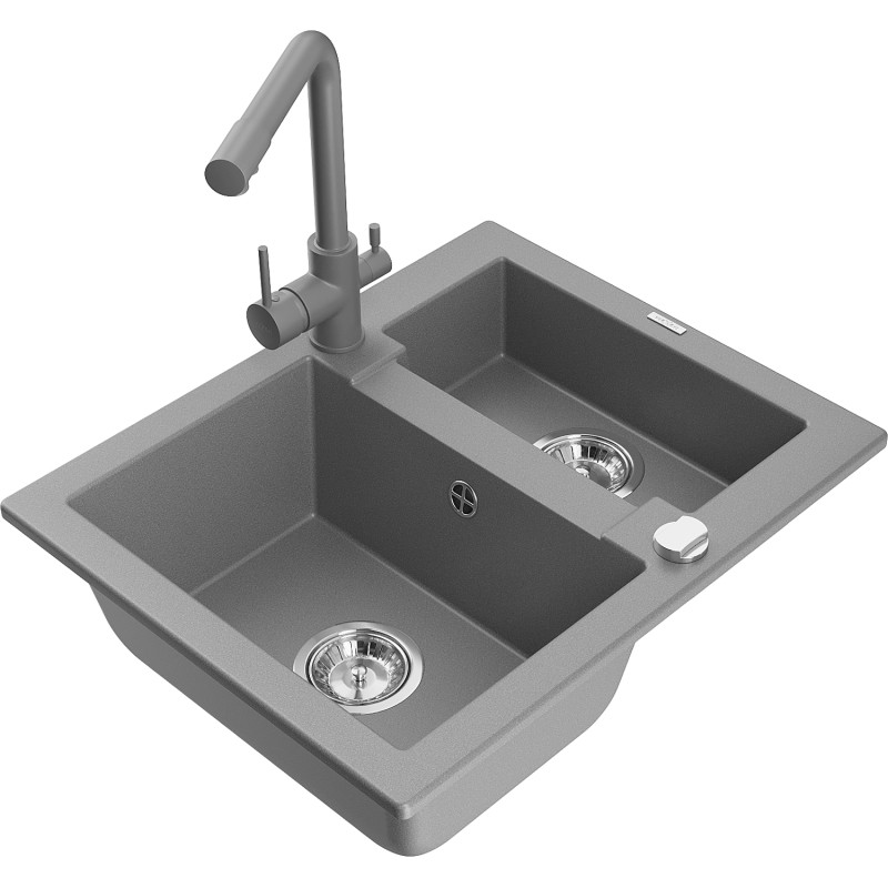 Mexen Carlos chiuvetă de granit cu 1,5 compartimente cu baterie de bucătărie Duero, gri - 6518-71-671600-71