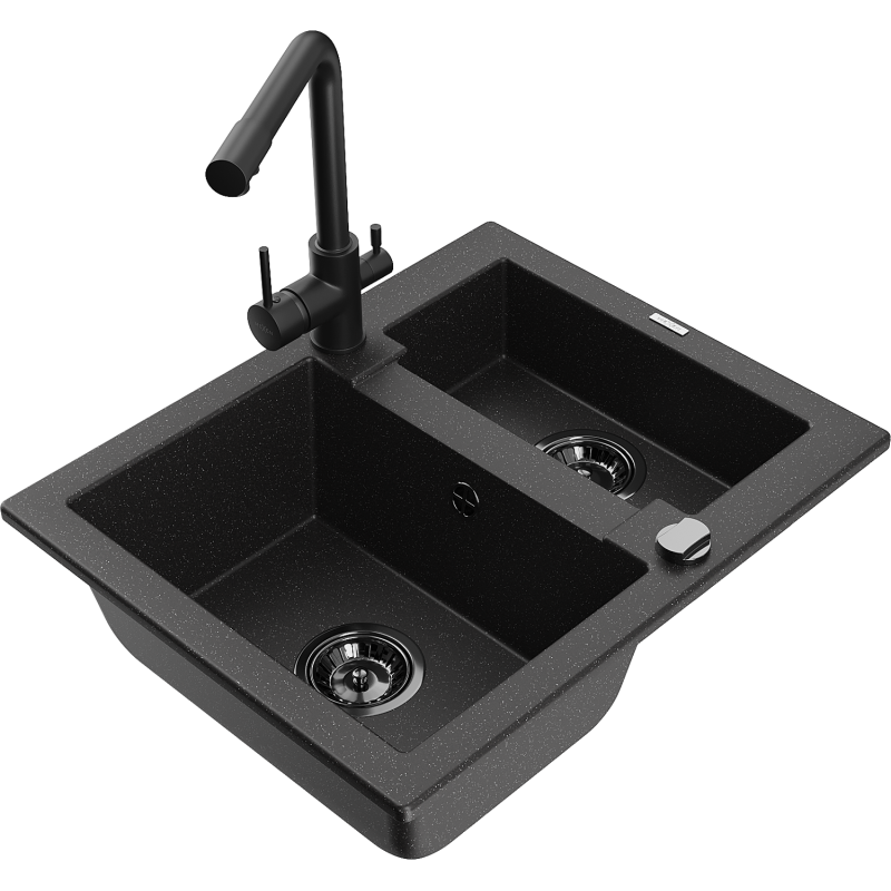 Mexen Carlos chiuvetă de bucătărie din granit cu 1,5 compartimente și baterie Duero, negru/metalizat argintiu