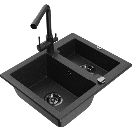 Mexen Carlos chiuvetă de bucătărie din granit cu 1,5 compartimente și baterie Duero, negru/metalizat argintiu