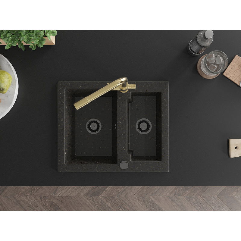 Mexen Carlos chiuvetă granit 1,5 cuve cu baterie de bucătărie Duero, negru/auriu metalizat - 6518-75-671600-50-B