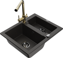 Mexen Carlos chiuvetă granit 1,5 cuve cu baterie de bucătărie Duero, negru/auriu metalizat - 6518-75-671600-50-B