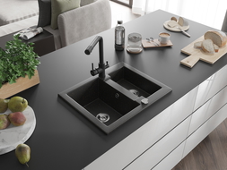 Mexen Carlos chiuvetă granit 1,5-cameră cu baterie de bucătărie Duero, negru/auriu metalizat - 6518-75-671600-70