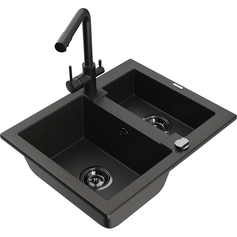 Mexen Carlos chiuvetă de granit 1,5-camere cu baterie de bucătărie Duero, negru/auriu metalizat - 6518-75-671600-70-B