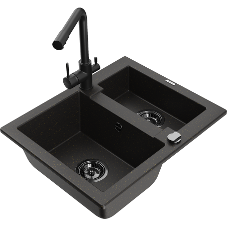 Mexen Carlos chiuvetă de granit 1,5-camere cu baterie de bucătărie Duero, negru/auriu metalizat - 6518-75-671600-70-B