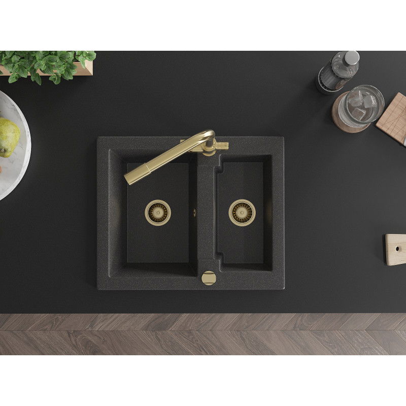 Mexen Carlos chiuvetă de bucătărie din granit, 1,5 cuve, cu baterie de bucătărie Duero, negru pătat - 6518-76-671600-50