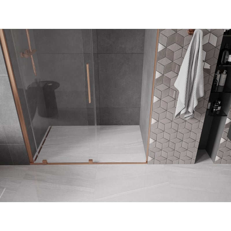 Mexen Velar tolóajtós zuhanyajtó 130 cm, átlátszó, ecsetelt réz - 871-130-000-01-65