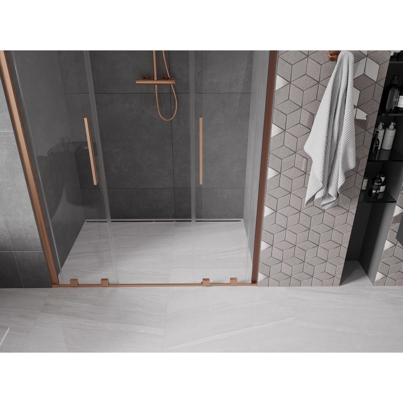Mexen Velar Duo csúszó zuhanyajtó 140 cm, átlátszó, selyemfényű réz - 871-140-000-02-65