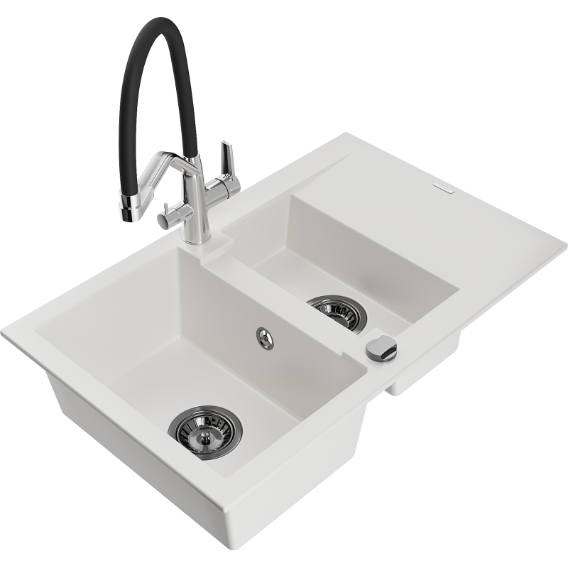 Mexen Gaspar chiuvetă granit 1,5-camere cu scurgere și baterie bucătărie Duo, alb - 6507-20-671701-07-B