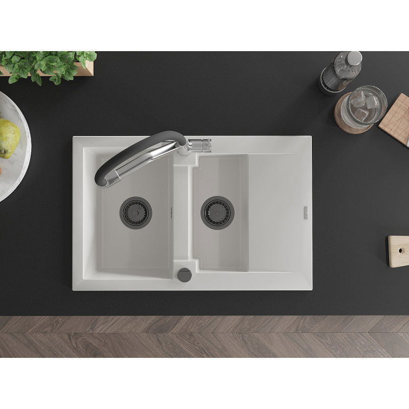 Mexen Gaspar chiuvetă granit 1,5-camere cu scurgere și baterie bucătărie Duo, alb - 6507-20-671701-07-B