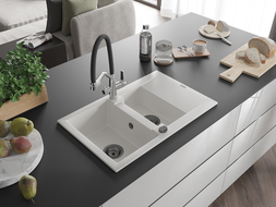 Mexen Gaspar chiuvetă granit 1,5-camere cu scurgere și baterie bucătărie Duo, alb - 6507-20-671701-07-B