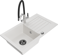 Mexen Pablo chiuvetă de granit cu 1 compartiment și scurgător și baterie de bucătărie Duo, albă - 6510-20-671701-07-B