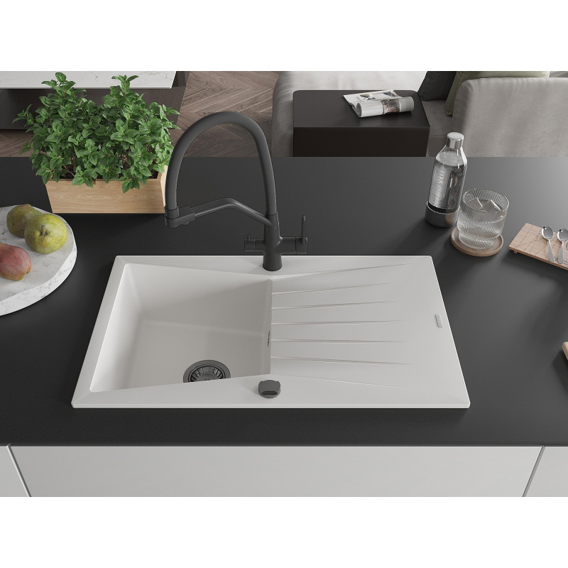 Mexen Cesar chiuvetă de granit cu o cuvă, cu scurgător și baterie de bucătărie Duo, albă - 6514-20-671701-70-B