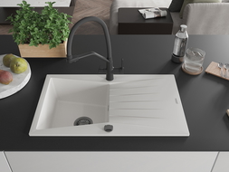 Mexen Cesar chiuvetă de bucătărie din granit cu 1 cuvă cu scurgător și baterie Duo, alb - 6514-20-671701-70-B