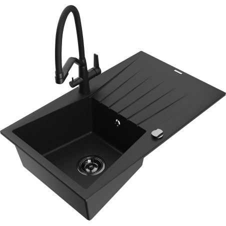 Mexen Cesar gránit mosogató 1-medencés, csepegtetős, Duo konyhai csapteleppel, fekete - 6514-77-671701-70-B