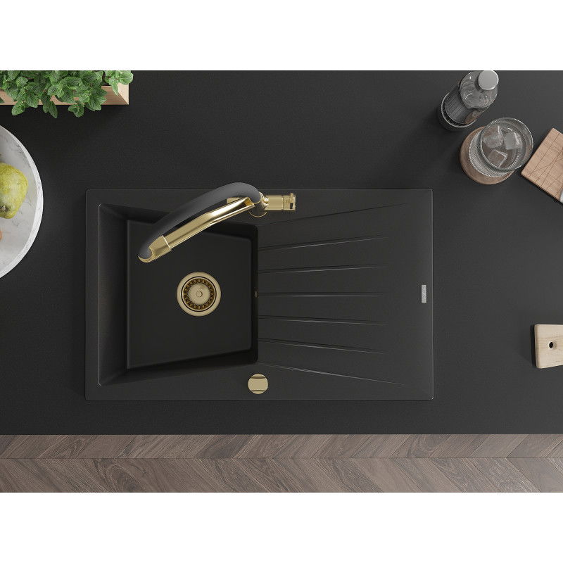 Mexen Cesar chiuvetă din granit cu 1 compartiment și scurgător și baterie de bucătărie Duo, negru - 6514-77-671701-57-G